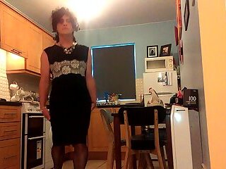 Tranny in pencil dress teasing