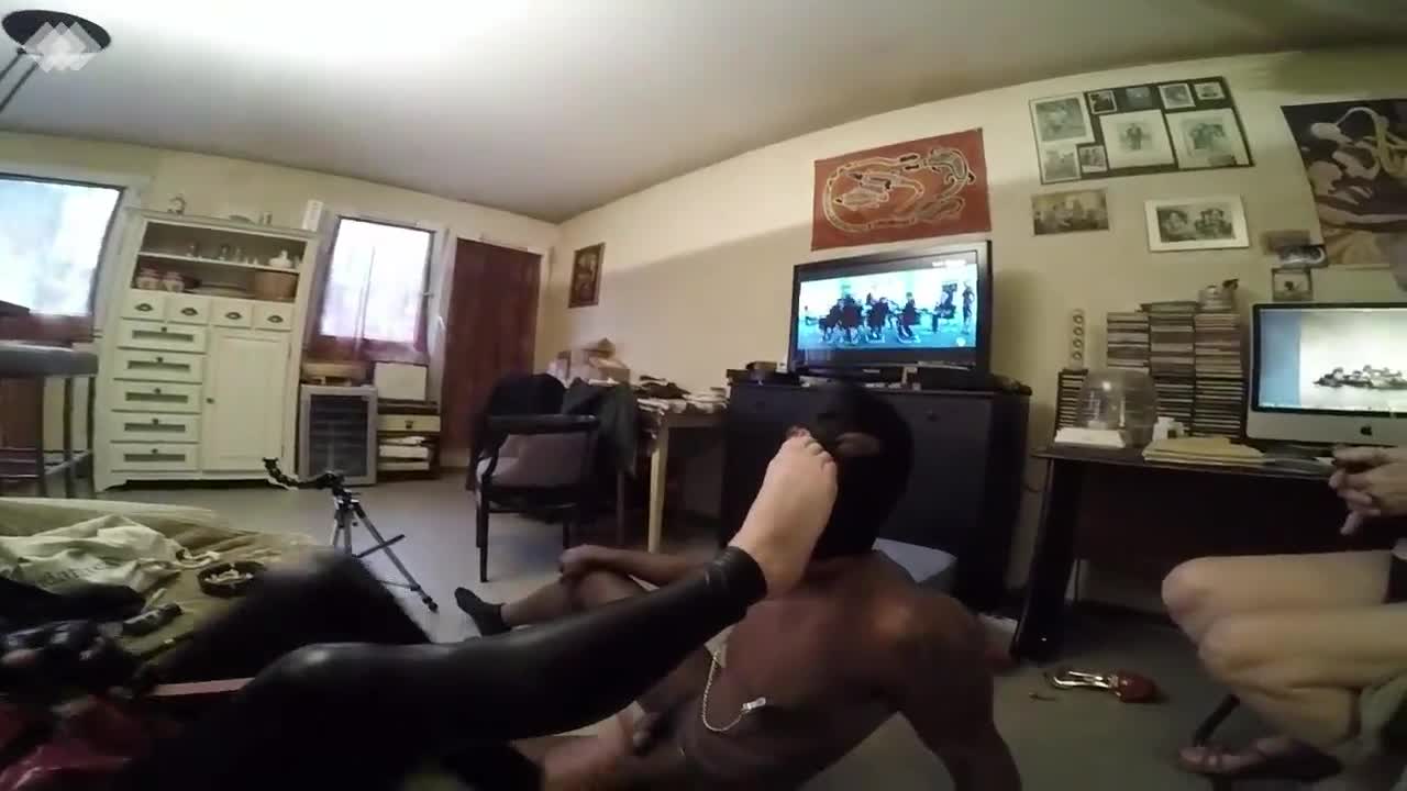 Black slave cum on white mistress feet