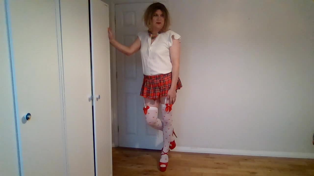 Miniskirt with red and white stockings